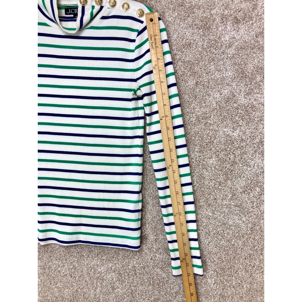 J. Crew Striped Button Shoulder Turtleneck Top Women XS White Blue Ribbed Office - Picture 7 of 8